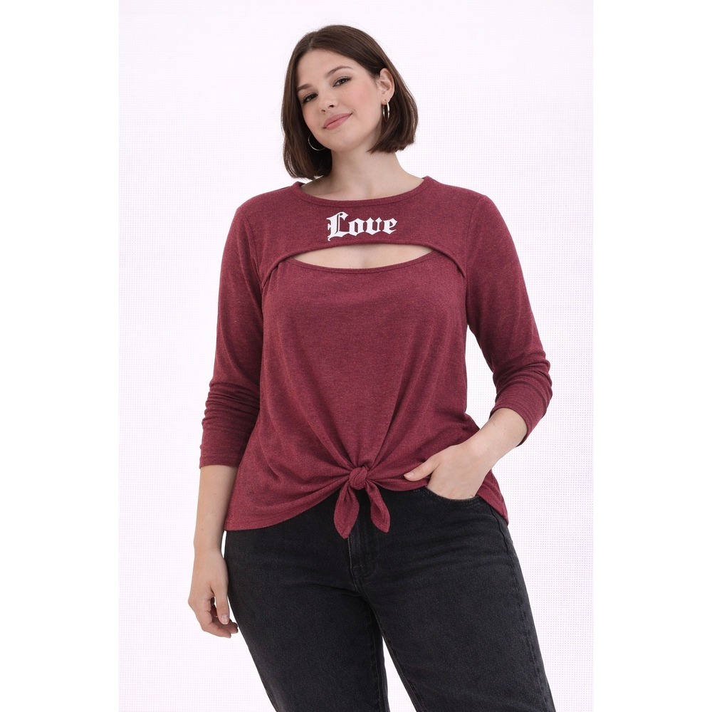 Fashion‎ Magazine Cutout Top Womens Large Burgundy Love Graphic Tie Front Grunge